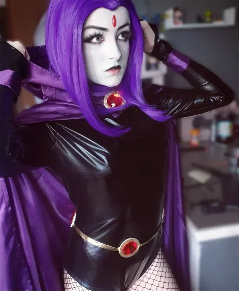 Teen  Raven Cosplay Costume Superhero Cloak Jumpsuits  Halloween Tight clothes + Cape + waist jewelry chain