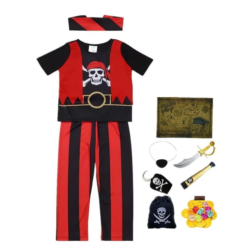 10PC Boys Pirate Costume Set with Skull Print Striped Shirt Pants Halloween Cosplay Outfit and Toy Gift Accessories