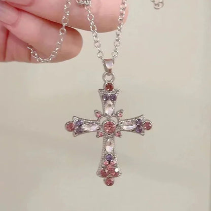 Colar Cruz Punk Y2K Rosa Roxo Zircão 2025 para Mulheres Pingente de Strass Corrente Clavícula Charme Joias de Festa Presentes