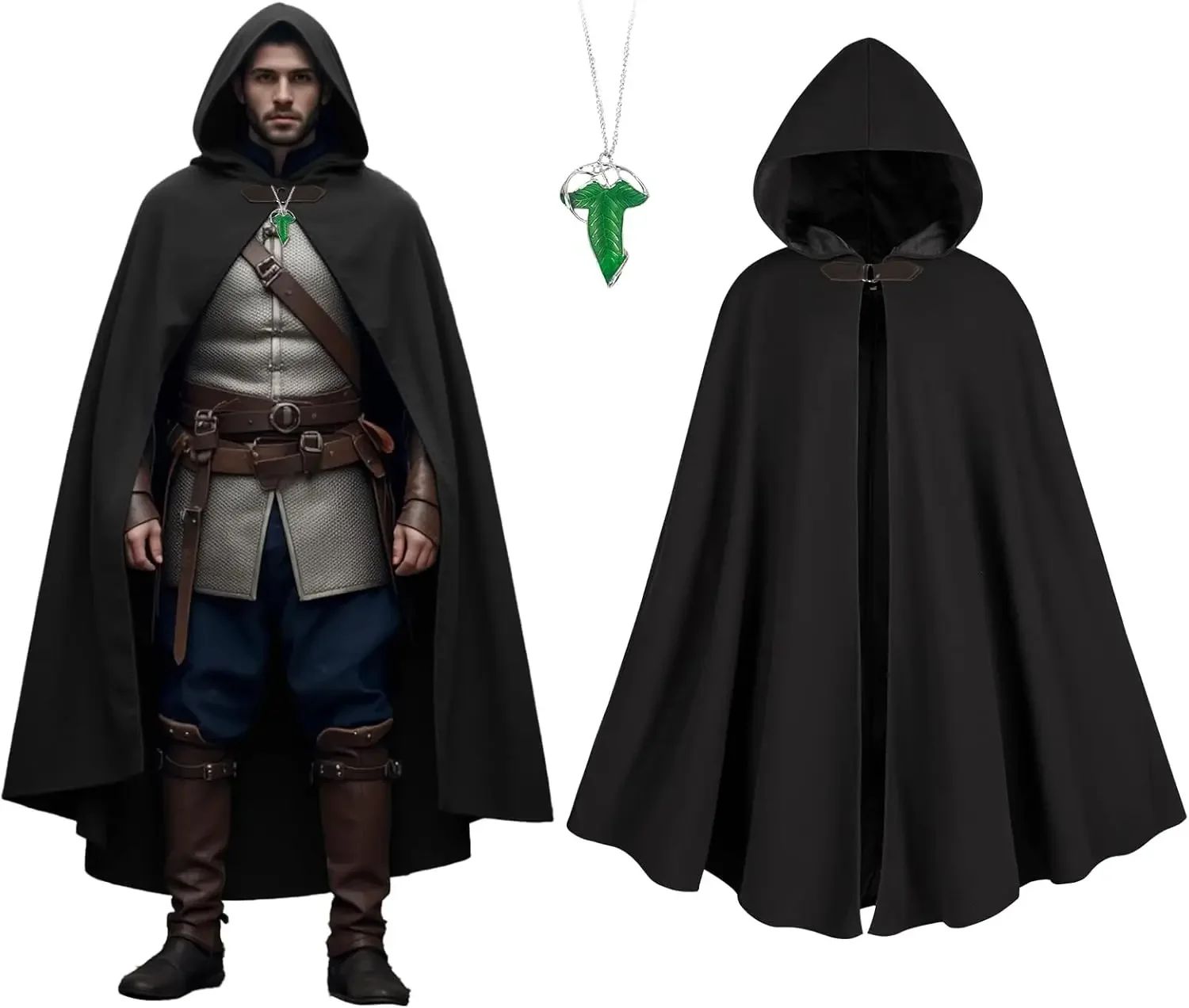 Cloak with Hood Men?Medieval Costume Men Round Metal Buckle Cloak with Green Leaf Brooch Necklace for Halloween