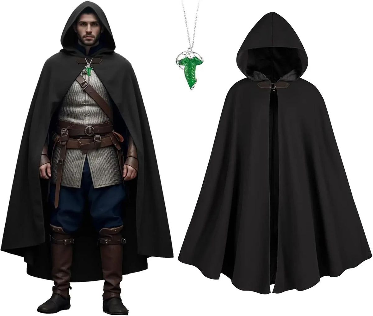 Cloak with Hood Men?Medieval Costume Men Round Metal Buckle Cloak with Green Leaf Brooch Necklace for Halloween