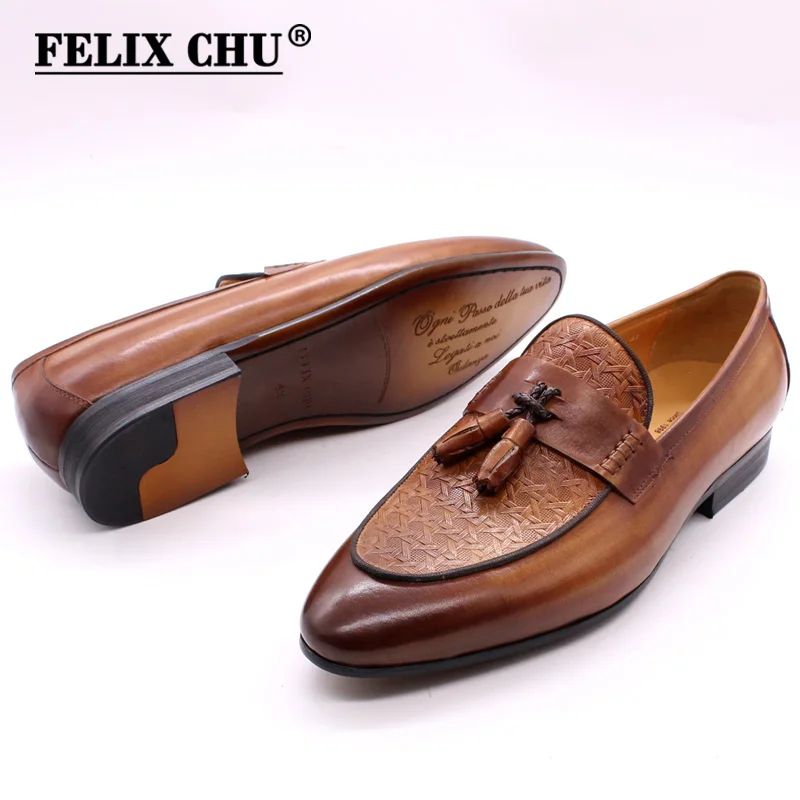 FELIX CHU Men's Genuine Leather Tassel Loafers Italian Luxury Fashion Slip-On Dress Shoes for Parties Weddings Casual Wear