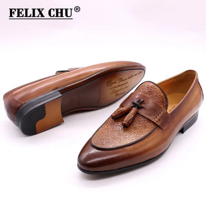 FELIX CHU Men's Genuine Leather Tassel Loafers Italian Luxury Fashion Slip-On Dress Shoes for Parties Weddings Casual Wear