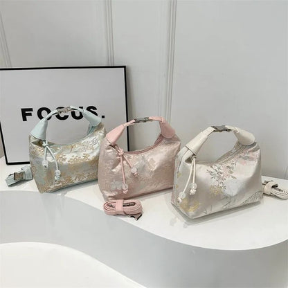 Sweet Embroidery Shoulder Bag Nylon Texture Pearl Pendant Crossbody Bag Small Bucket Handbag Women Canvas Luxury Cheongsam Bag