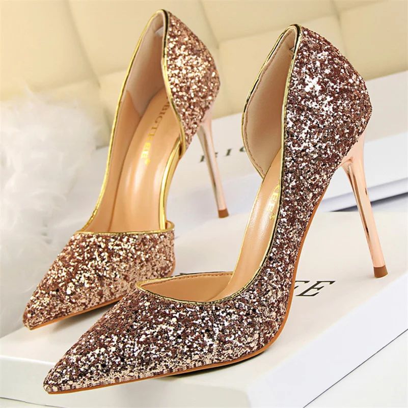 Plus Size 34-43 Women 9.5cm High Heels Stripper  Bling Glod Red Silver Scarpins Pumps Lady Stiletto Wedding Bridal Fetish Shoes