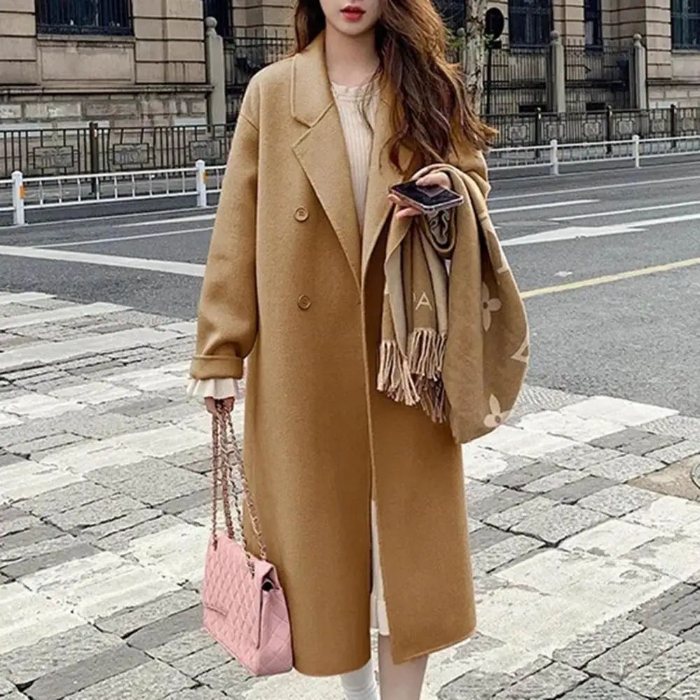 Women Coat Double-Breasted Mid-length Outerwear Lapel Stylish Warm Mid-Length Double Pockets Winter Coat Lady Accessories