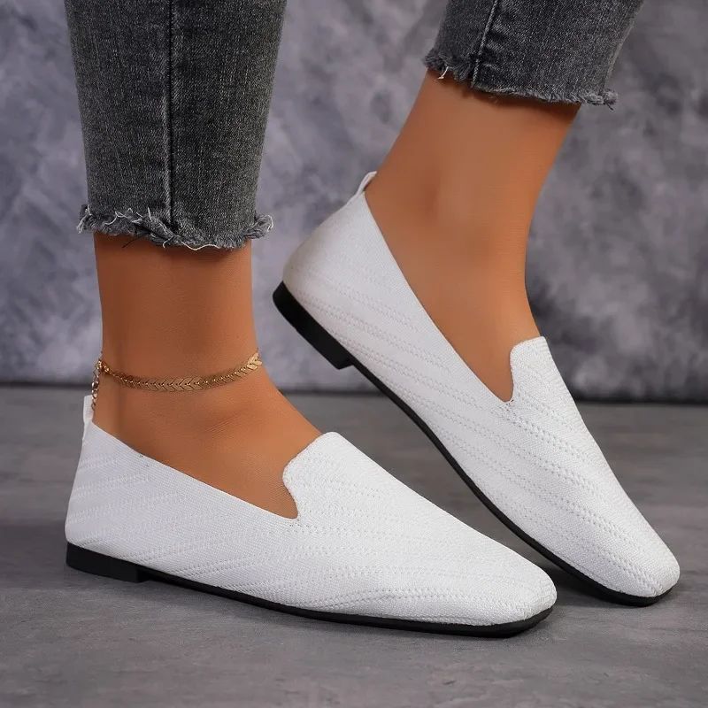 2025 Solid Color Square Toe Mesh Loafers Shallow Women Flats Shoes Soft Bottom Knit Ballet Flats Shoes Casual Slip on Shoes