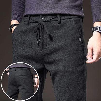 Autumn Winter Men Thermal Office Pants Straight Narrow Leg Classic Casual Pants Drawstring Tie Up Design Thicken Fleece Trousers