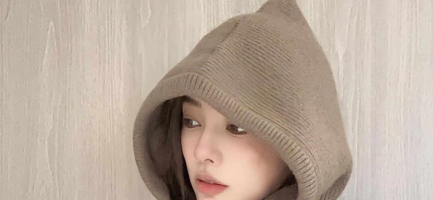 Knitted Hooded Caps Winter Balaclava Hats Women Korean Style Outdoor Warmer Drawstring Hats One-piece Neck Collar Beanies Cap