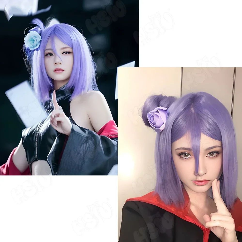 Perruque de Cosplay Konan HSIU, cheveux synthétiques courts violets de 40CM, résistants à la chaleur + bonnet de perruque