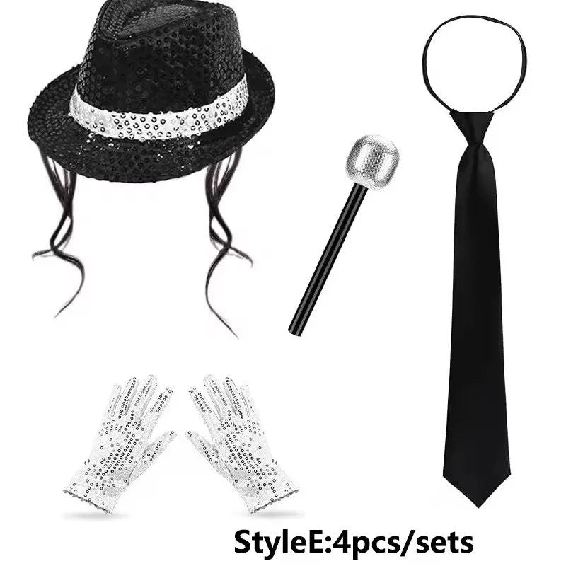 Disco Stage Performance Sequin Hat Tie Glove Set Michael Jackson Cosplay Style Sparkly Costume For Dance Party Halloween Gift