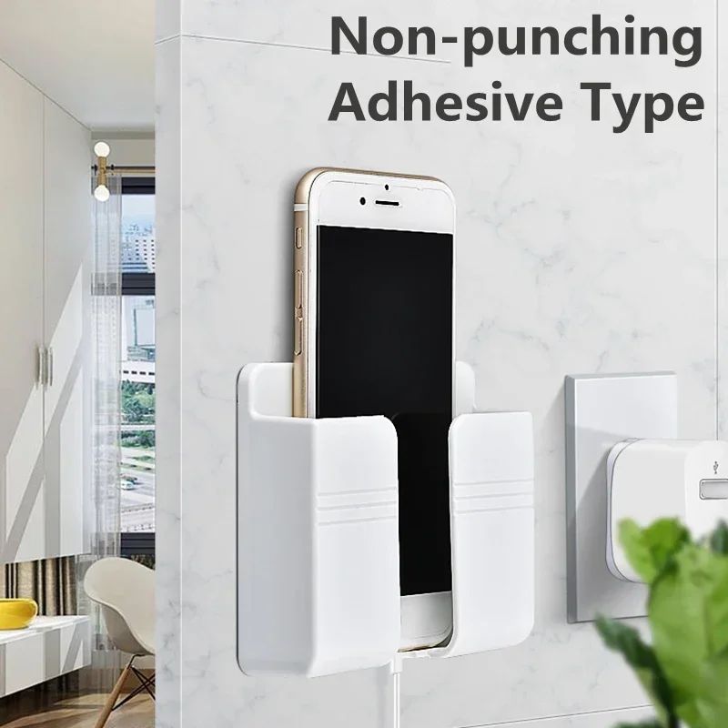 Wall Mount Phone Holder White Punch Free Wall Mobile Phones Charging Stand Lazy Sticky Remote Control Storage Box