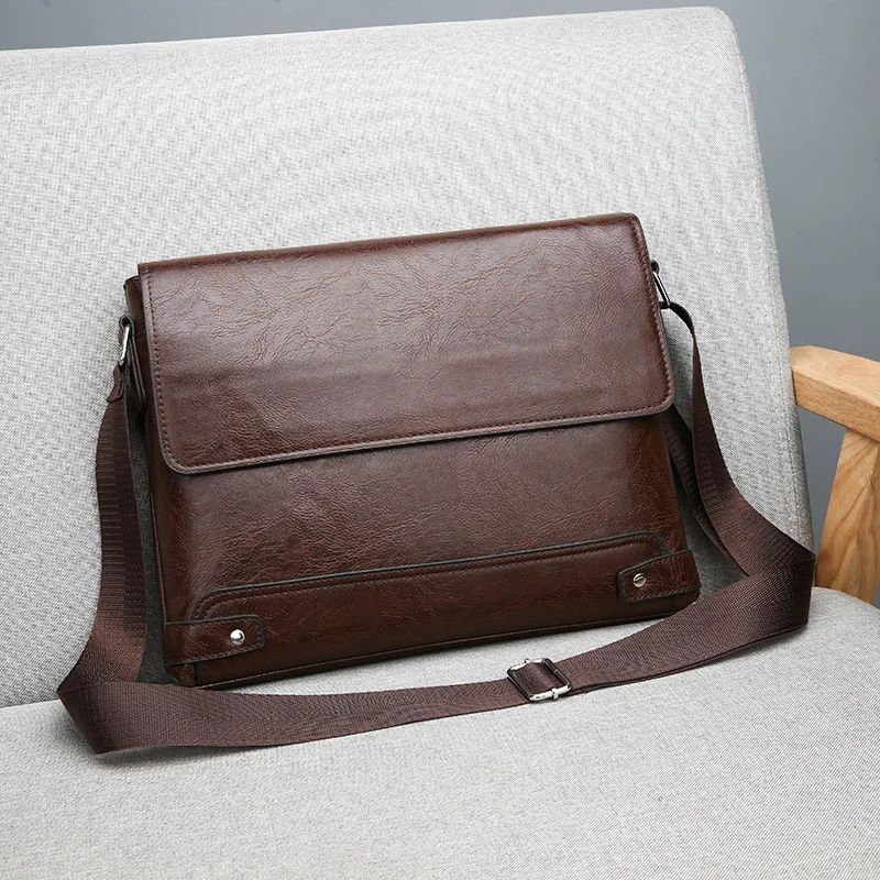 Men's Solid Color Retro Leather Shoulder Bag, Casual Business Messenger Bag Horizontal A4 Paper Travel Bag Briefcase Laptop Bag
