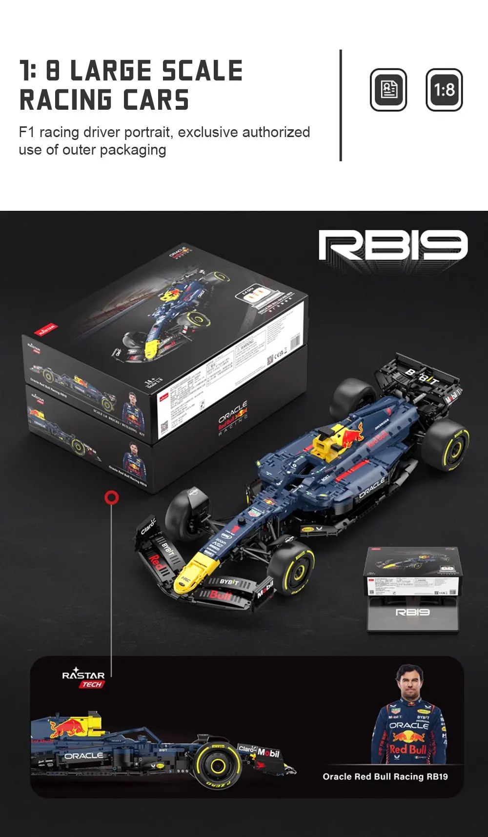 RASTAR 2509PCS 1:8 Technik F1 Redbull RB19 1. Max. Verstappen 11 Perez Racing Formula Blocos de Montar Modelo MOC Carro Tijolos Brinquedo