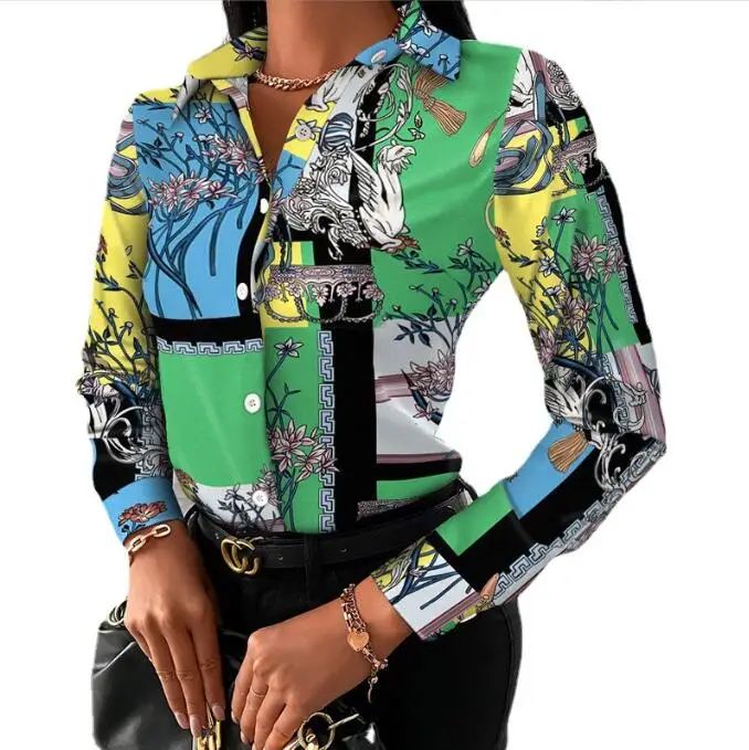 Summer New Women's Long-sleeved Shirt, Single-breasted Printed Shirts Fashion Casual Tops Camisa Female Chemise S-XXL