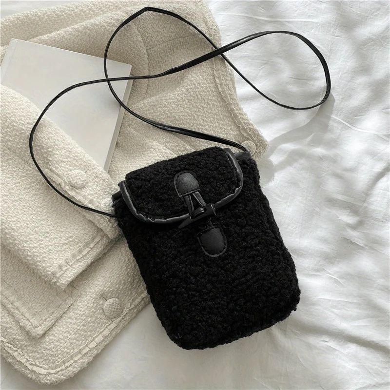 1 Pcs Women's Retro Lamb Fleece Bag Color Blocking Minimalist Mobile Phone Bag Single Shoulder Crossbody Small Bag