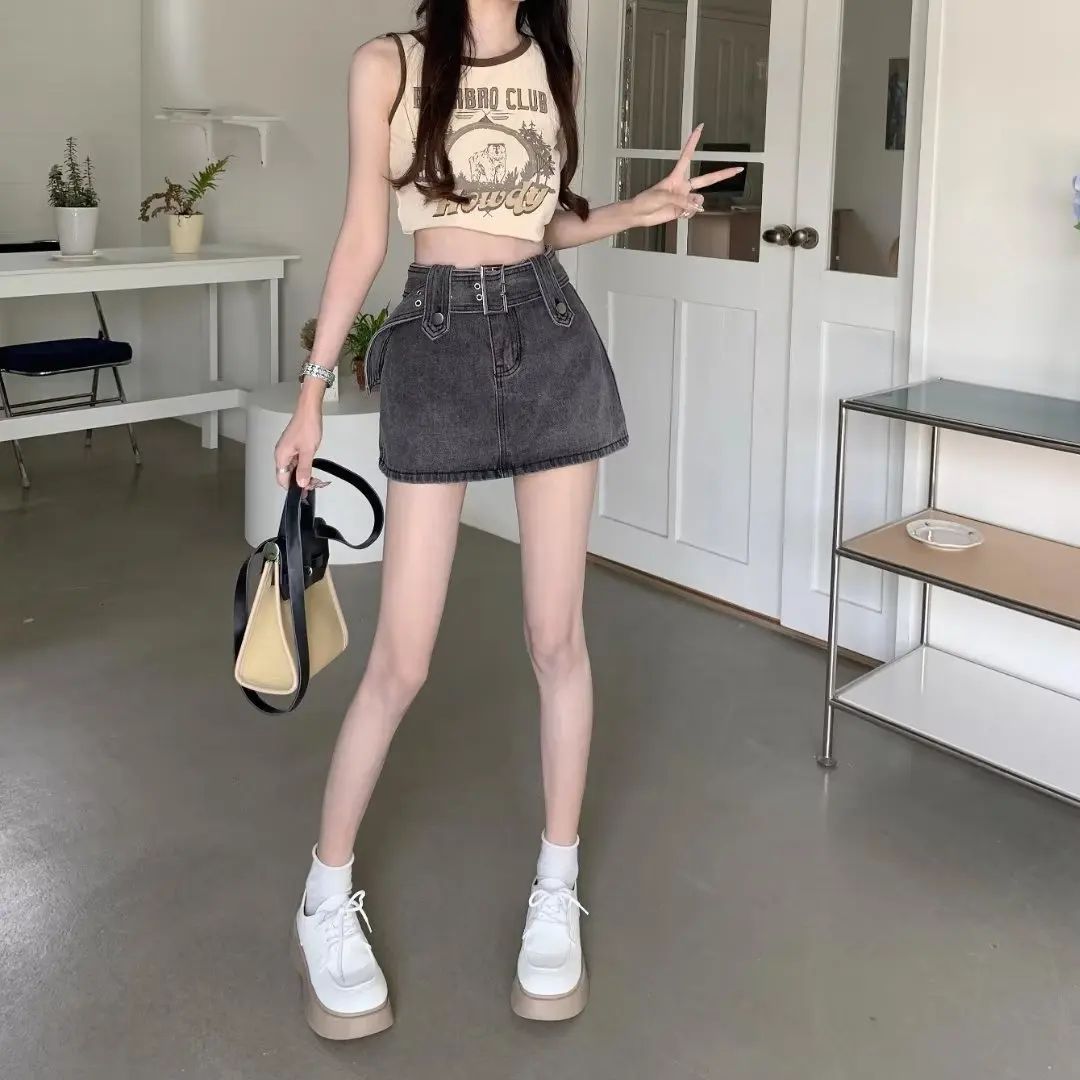 Plus Size High Waist Denim Mini Skirt for Women in Black Grey plus Size Slimming Summer New Style Short Skirts Sexy Girl Hong...