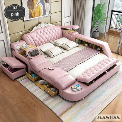MANBAS Ultimate Bed Frame Tech Smart Multifunctional Bed with Genuine Leather, Massage, USB, Bluetooth Speaker, Tatami & Safe
