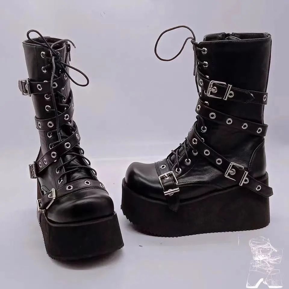 Plus Size 43 Autumn Women Boots Buckle Round Toe Wedges Platform Boots Punk Goth INS Women Street Shoes Combat Boots for Women