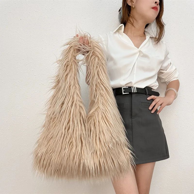2025 NOVAS Bolsas de Ombro Pelúcia Lã Femininas Y2k Hot Girls Bolsa Saco com Cordão de Pele Sintética Moda Feminina Bolsas de Mão Peludas Tote