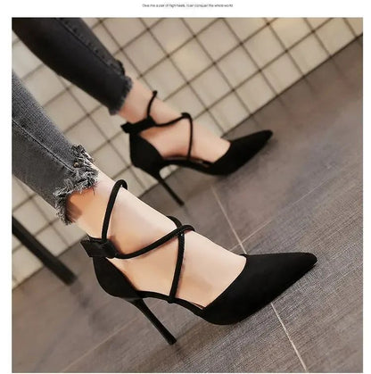 2024 New Cross-strap Roman Sandals Suede High Heels Women's Shoes One-line Buckle Fine Heel Pointed Sandals Zapatos De Mujer