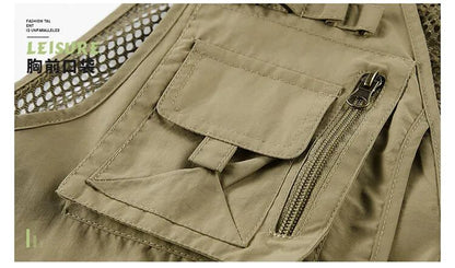 Colete Masculino de Malha com Vários Bolsos Secagem Rápida Sem Mangas Jaqueta Repórter Solto Casual Fino para Pesca Colete Masculino