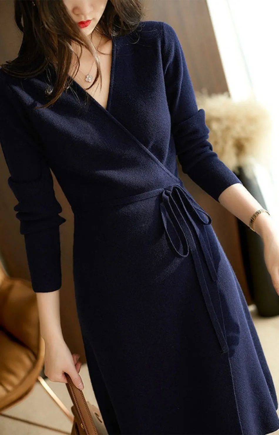 Autumn Winter Sweater Womens Dresses V-neck Wrap Up Dress for Women Woman Clothing Korean Version Loose Elegant Knitted Skirt