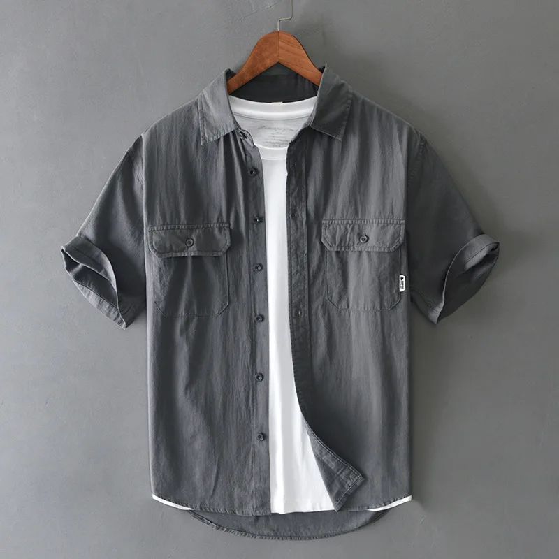 Summer Short Sleeve Cargo Shirt Men Streetwear Men Loose Shirts Casual Pure Cotton Double Pockets Khaki Shirt Fashion Clothing