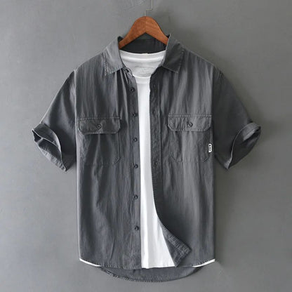 Summer Short Sleeve Cargo Shirt Men Streetwear Men Loose Shirts Casual Pure Cotton Double Pockets Khaki Shirt Fashion Clothing