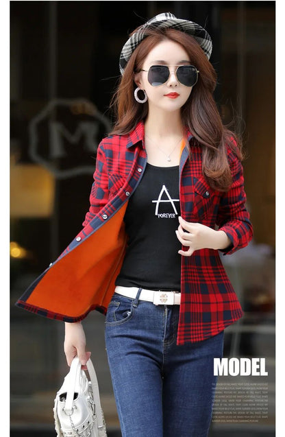 Women's Fleece Lined Long Sleeve Shirt Mid Length Thick Winter Warm Korean Style Elastic plus Size Plaid Patterned Button up