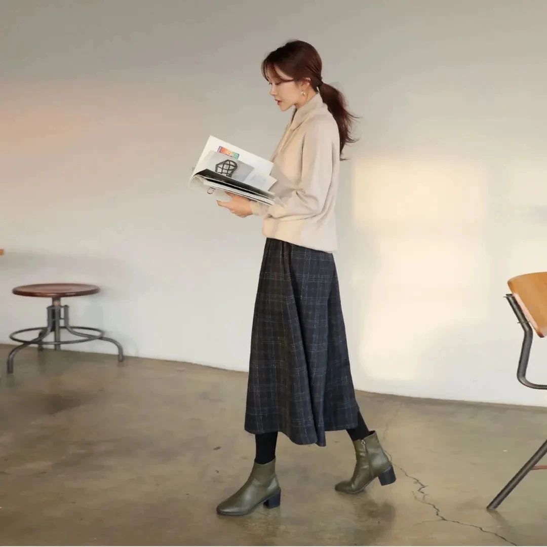 Women Elastic High Waist Woolen Pants Autumn Winter New Plaid Wool Wide Leg Pants Female Casual Loose Ankle-Length Skirts Pants