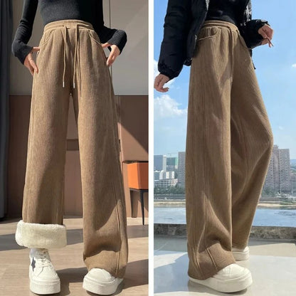 Winter Fleece Thickened High Waist Warm Trousers for Women Solid Color Loose Elastic Waist Straight Casual Pants
