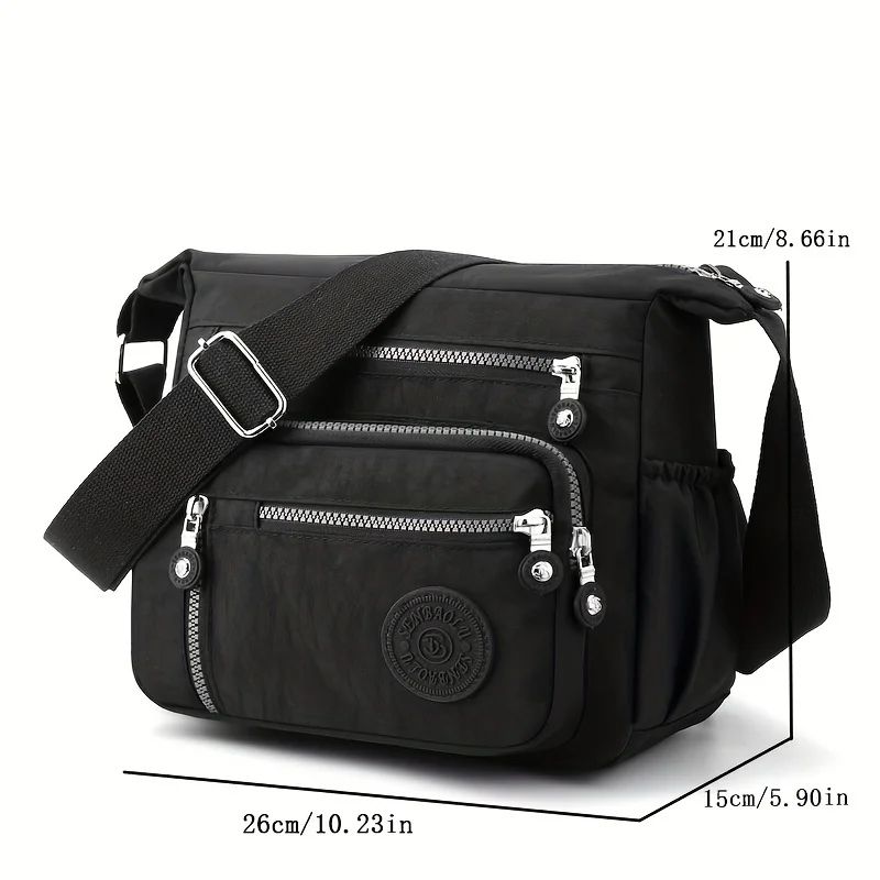Waterproof Nylon Crossbody Bag, Multiple Pockets & Zipper Closure, Stylish Casual Shoulder Bag for Travel, Everyday Use