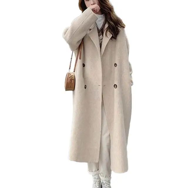 Women Coat Double-Breasted Mid-length Outerwear Lapel Stylish Warm Mid-Length Double Pockets Winter Coat Lady Accessories