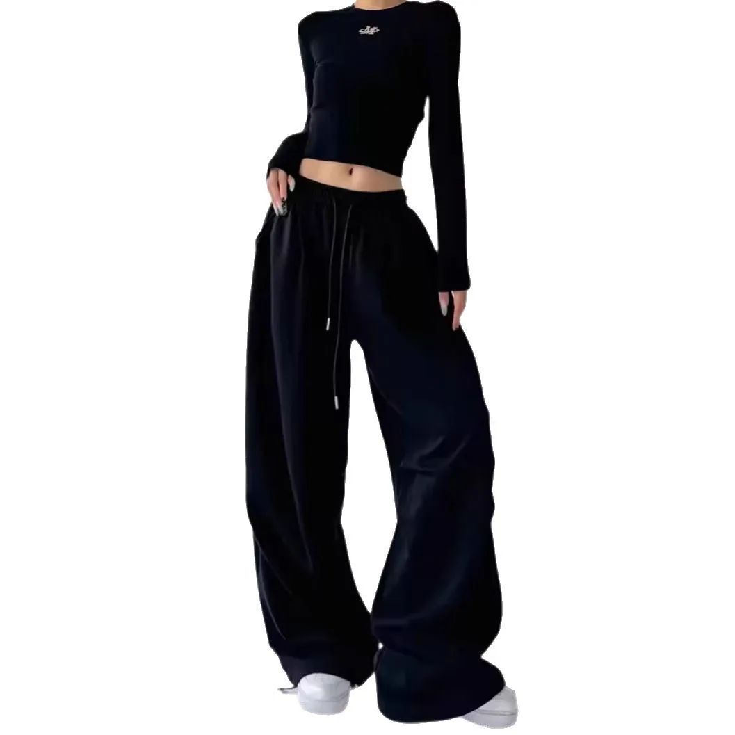 Calça Esportiva Cinza de Cintura Alta Solta Masculina Feminina Casual Perna Larga Calças Estilo Primavera Outono Confortável Moletom Roupa de Trabalho