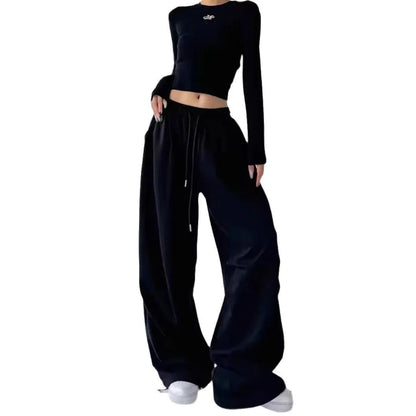 Calça Esportiva Cinza de Cintura Alta Solta Masculina Feminina Casual Perna Larga Calças Estilo Primavera Outono Confortável Moletom Roupa de Trabalho