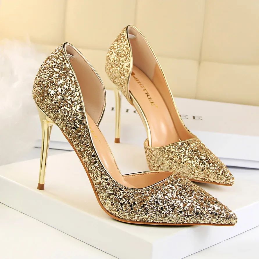 Plus Size 34-43 Women 9.5cm High Heels Stripper  Bling Glod Red Silver Scarpins Pumps Lady Stiletto Wedding Bridal Fetish Shoes
