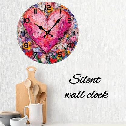 Heart Art Floral Wooden Round Silent Hanging Wall Clock, Suitable For Living Room, Office, Study Room, Bedroom, Home Decoration