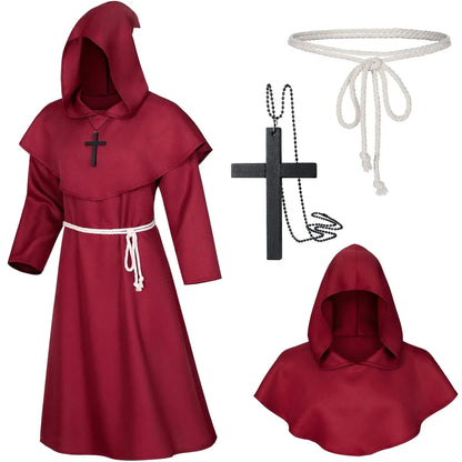 Retro Priest Robe Halloween Cosplay Costume Wizard Fancy Punk Cloak Mask Medieval Monk Robe Hooded Monk Cowl