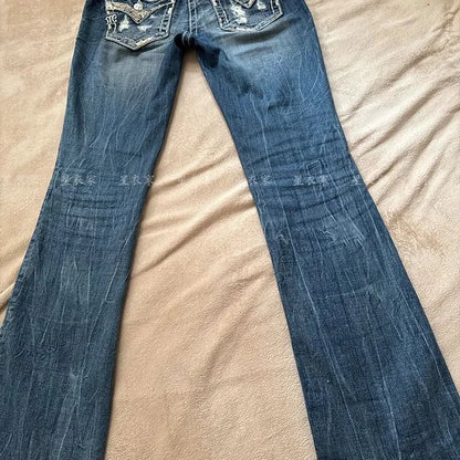 Retro American Washed Low Waist Bell Bottom Jeans Women's Y2K Millennium Sexy Lace Trimmed Floor Length Pants