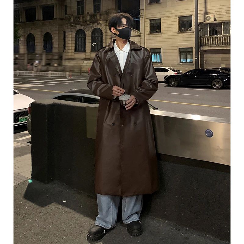 Autumn Trench Coat Men's High-end Luxury Double Row PU Leather Coat Male Long Korean Style Windbreaker Motorcycle Leather Jacket