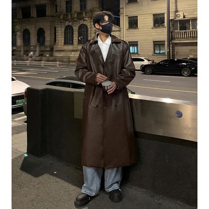Autumn Trench Coat Men's High-end Luxury Double Row PU Leather Coat Male Long Korean Style Windbreaker Motorcycle Leather Jacket
