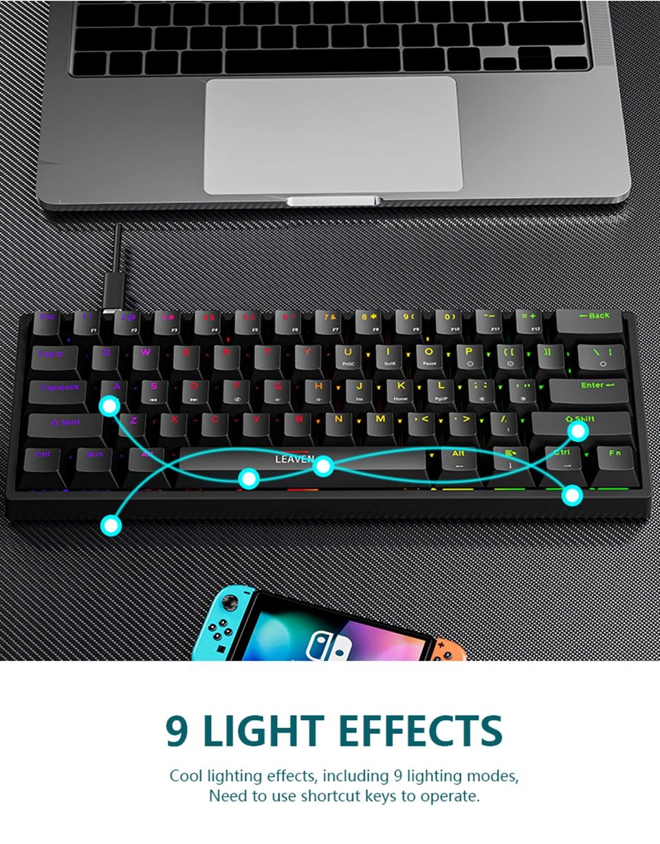 Teclado Mecânico para Jogos K620 Mini 61 Teclas RGB Hotswap Teclado para Jogos com Fio Tipo-C Teclas PBT 60% Teclados Ergonômicos