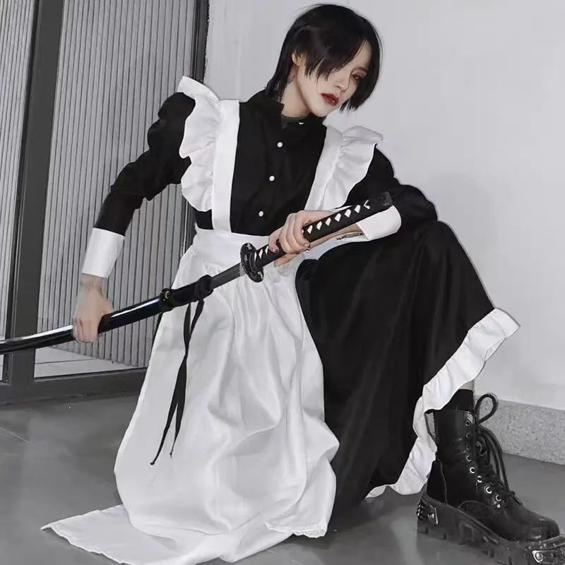 Japanese Style Maid Outfit Black White Long Dress Lolita Unisex Men Women Halloween Costume Uniform Full Set Adults Plus Size