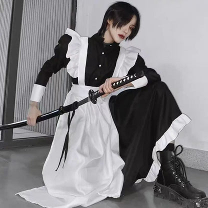 Japanese Style Maid Outfit Black White Long Dress Lolita Unisex Men Women Halloween Costume Uniform Full Set Adults Plus Size