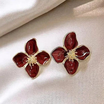 Brincos Femininos Coreanos Retrô Esmaltados em Formato de Flor Vermelha para Mulheres, Brincos Delicados, Presente de Joia de Noivado para Casal de Luxo