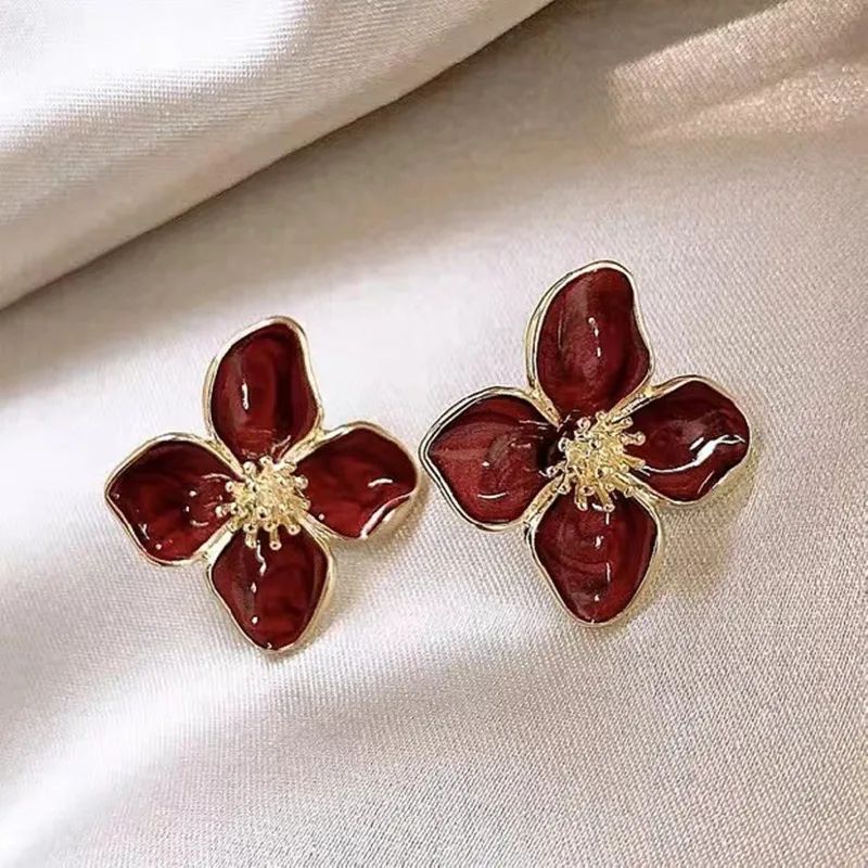 Brincos Femininos Coreanos Retrô Esmaltados em Formato de Flor Vermelha para Mulheres, Brincos Delicados, Presente de Joia de Noivado para Casal de Luxo