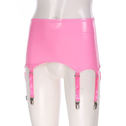 Womens Garters Latex Skirts Ladies Suspender Belt Wet Look Patent Leather Mini Skirts Garters with Metal Clips Clubwear Costume