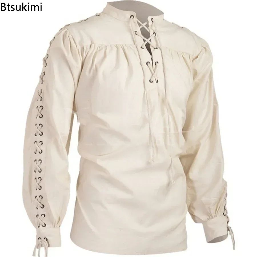 Men Medieval Shirts Drawstring Viking Vintage Sleeve Tunic Cosplay Tops Knight Costume Ruffle Pirate Gothic Neckline Male Shirts