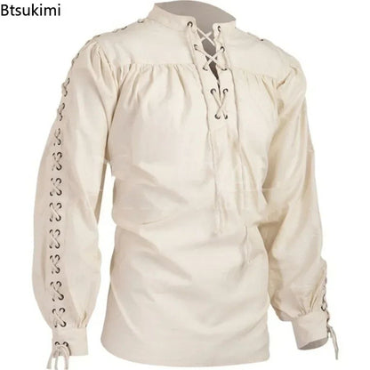 Men Medieval Shirts Drawstring Viking Vintage Sleeve Tunic Cosplay Tops Knight Costume Ruffle Pirate Gothic Neckline Male Shirts